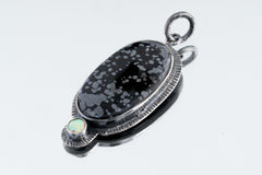 Dalmatian Jasper Paired Faceted Ethiopian Opal Pendant - Oxidised Sterling Silver with Sun Ray Details