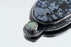 Dalmatian Jasper Paired Faceted Ethiopian Opal Pendant - Oxidised Sterling Silver with Sun Ray Details