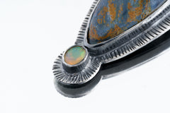 Pietersite & Ethiopian Opal Pendant: Oxidized Sterling Silver Sun Ray Design