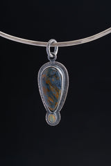 Pietersite & Ethiopian Opal Pendant: Oxidized Sterling Silver Sun Ray Design