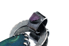 Australian Malachite & Raw Amethyst - Oxidised Hammered Sterling Silver - Claw Set Pendant