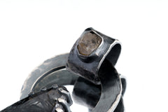 Black Rutile Quartz and Raw Moonstone - Oxidised Hammered Sterling Silver - Claw Set Pendant