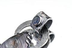 Black Rutile Quartz and Blue Moonstone - Oxidised Hammered Sterling Silver - Claw Set Pendant
