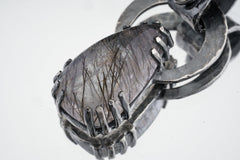 Black Rutile Quartz and Blue Moonstone - Oxidised Hammered Sterling Silver - Claw Set Pendant