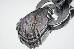 Black Rutile Quartz and Blue Moonstone - Oxidised Hammered Sterling Silver - Claw Set Pendant