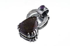 Hammered Sterling Silver Amethyst Pendant: Black Rutile Quartz Claw Setting