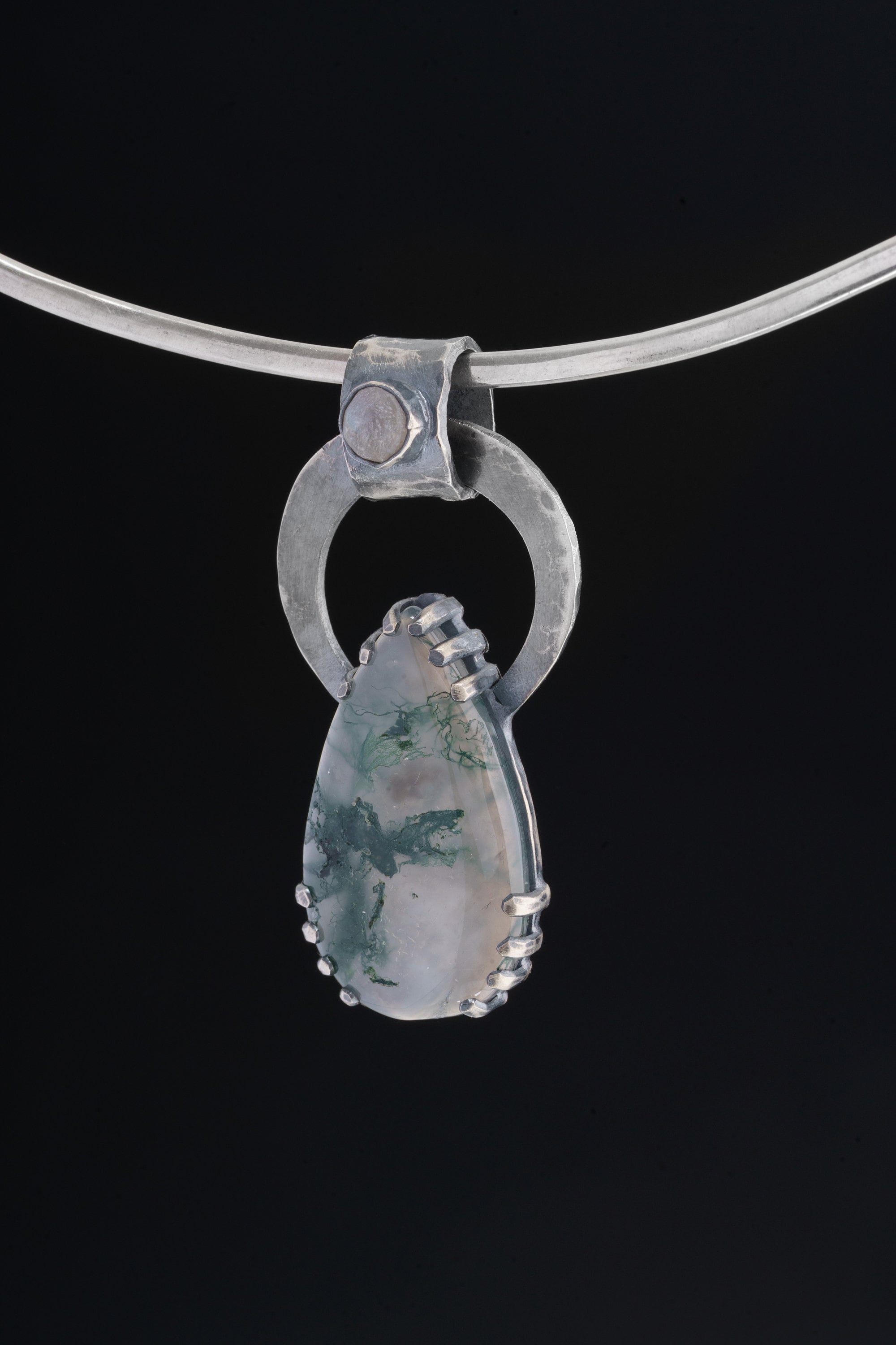 Blue Moonstone Moss Agate heirloom pendant displayed on choker with oxidized sterling silver brutalist setting.
