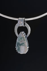 Moss Agate & Blue Moonstone - Oxidised Hammered Sterling Silver - Claw Set Pendant
