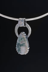 Blue Moonstone Moss Agate heirloom pendant displayed on choker with oxidized sterling silver brutalist setting.