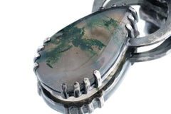 Moss Agate & Blue Moonstone - Oxidised Hammered Sterling Silver - Claw Set Pendant