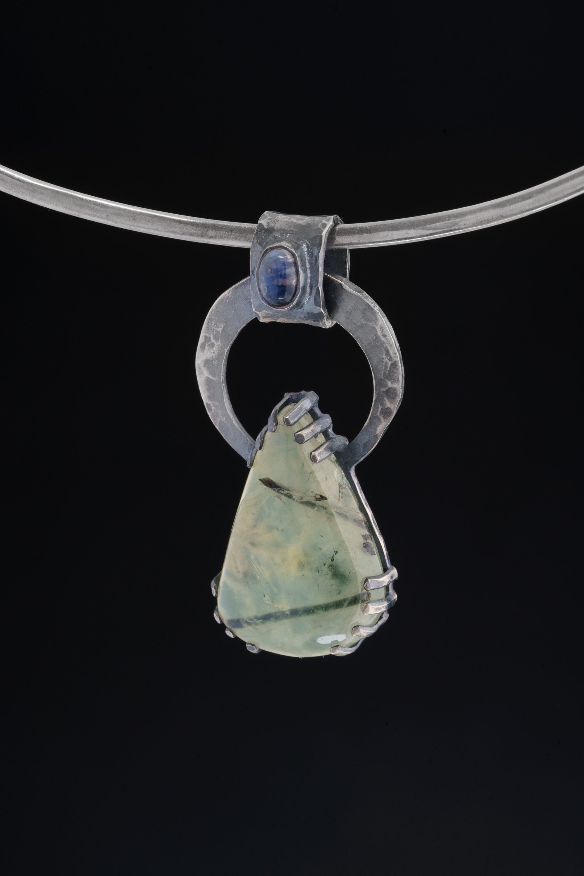 Peridot with Black Rutile & Blue Moonstone - Oxidised Hammered Sterling Silver - Claw Set Pendant