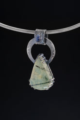 Peridot with Black Rutile & Blue Moonstone - Oxidised Hammered Sterling Silver - Claw Set Pendant