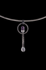 Amethyst Generator silver ritual spoon displayed on a choker, showing wearable talisman styling and spoon form.