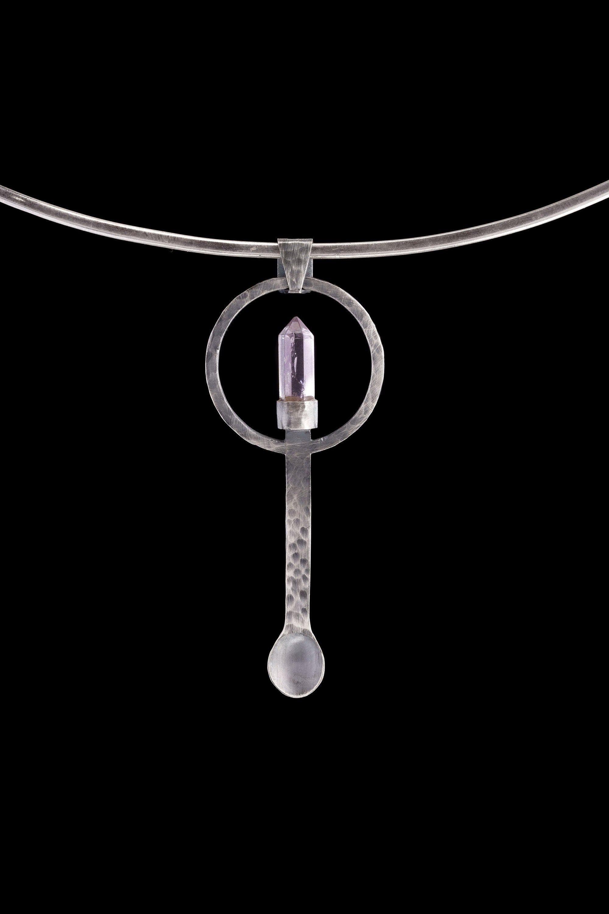 Amethyst Generator sterling silver ritual spoon shown on a choker with brushed silver and purple crystal setting.