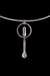 Amethyst Spoon Pendant Necklace: 925 Oxidized Silver, Hammered Texture