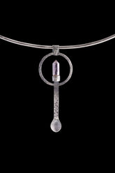 Amethyst Spoon Pendant Necklace: 925 Oxidized Silver, Hammered Texture
