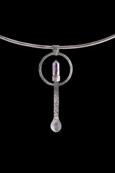 Amethyst Generator sterling silver ritual spoon shown on a choker with brushed silver and purple crystal setting.