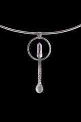 Amethyst Spoon Pendant Necklace: 925 Oxidized Silver, Hammered Texture