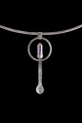 Amethyst Generator sterling silver ritual spoon shown on a choker with brushed silver and purple crystal setting.