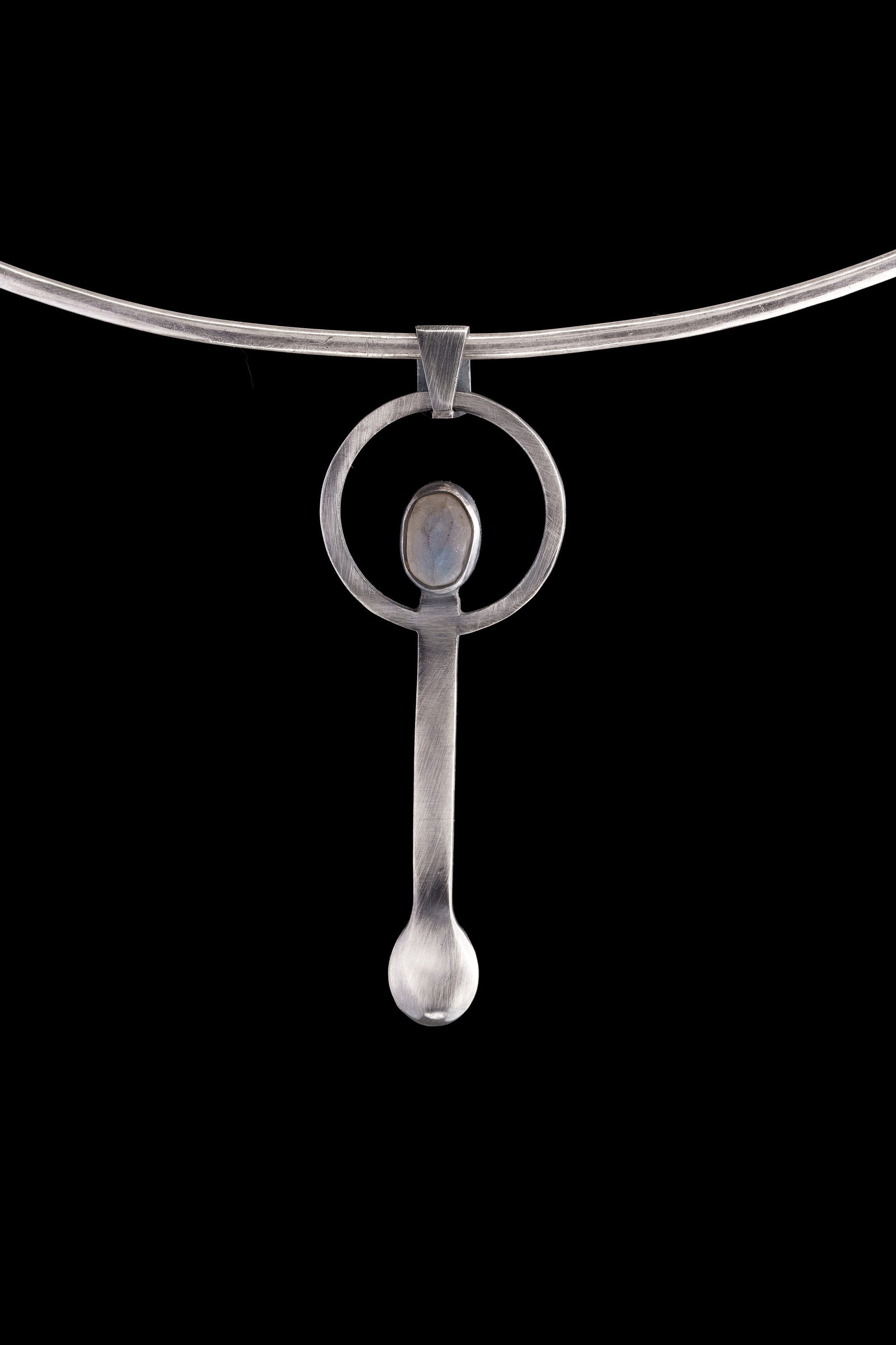 Blue Moonstone Spoon Pendant: Oxidized Sterling Silver Necklace