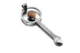 Fiery Ethiopian Opal sterling silver spoon pendant shown on white background with polished silver and warm Opal setting.