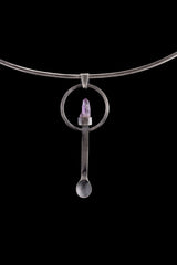 Twin Vera Cruz Amethyst ritual spoon pendant displayed on a choker, showing wearable talisman styling and silver spoon form.
