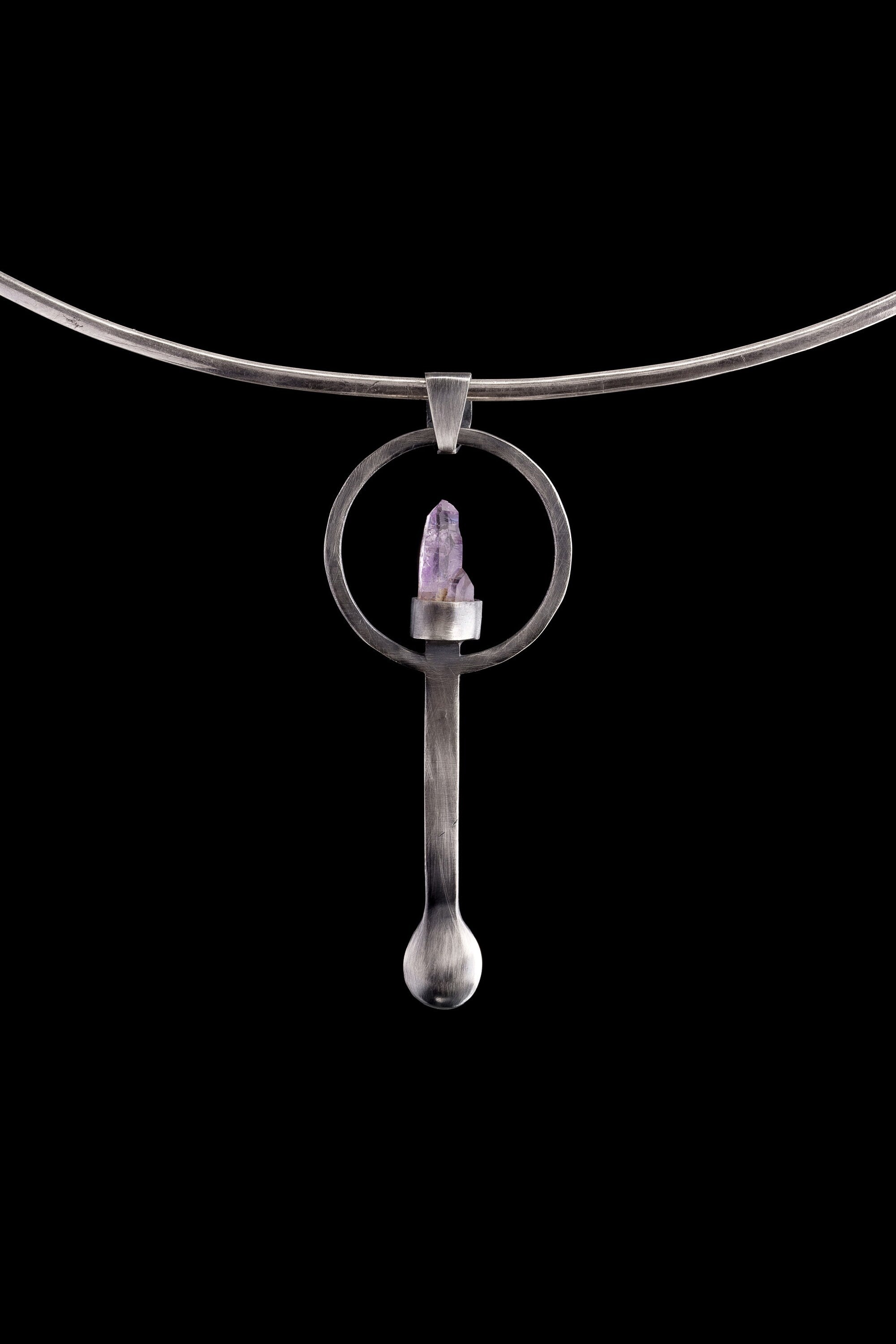 Twin Vera Cruz Amethyst sterling silver spoon pendant shown on a choker with brush-textured silver and lilac crystal.