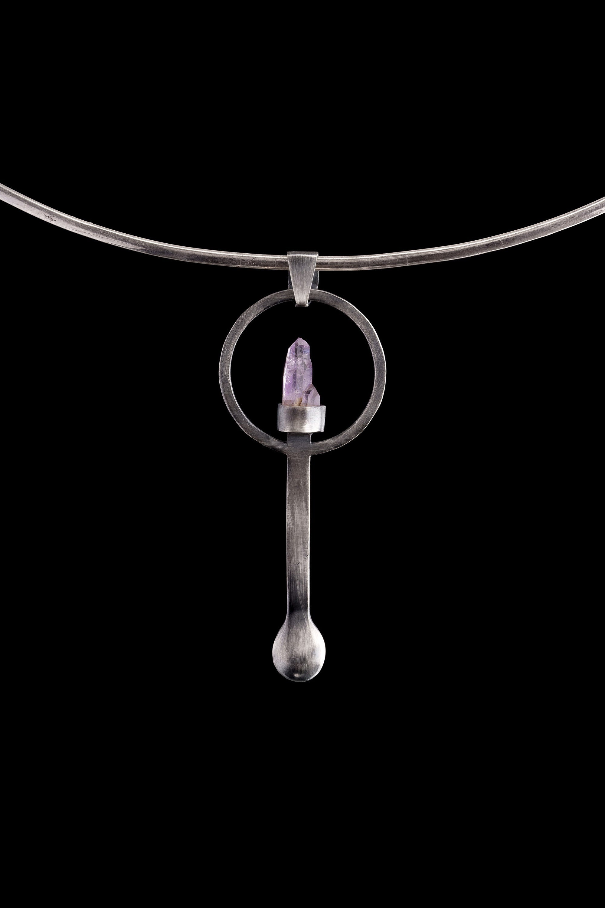 Twin Vera Cruz Amethyst sterling silver spoon pendant shown on a choker with brush-textured silver and lilac crystal.
