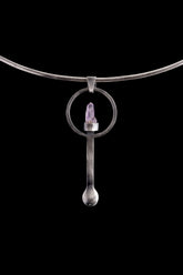 Twin Vera Cruz Amethyst sterling silver spoon pendant shown on a choker with brush-textured silver and lilac crystal.