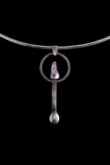 Twin Vera Cruz Amethyst sterling silver spoon pendant shown on a choker with brush-textured silver and lilac crystal.