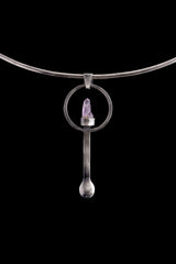 Twin Vera Cruz Amethyst sterling silver spoon pendant shown on a choker with brush-textured silver and lilac crystal.