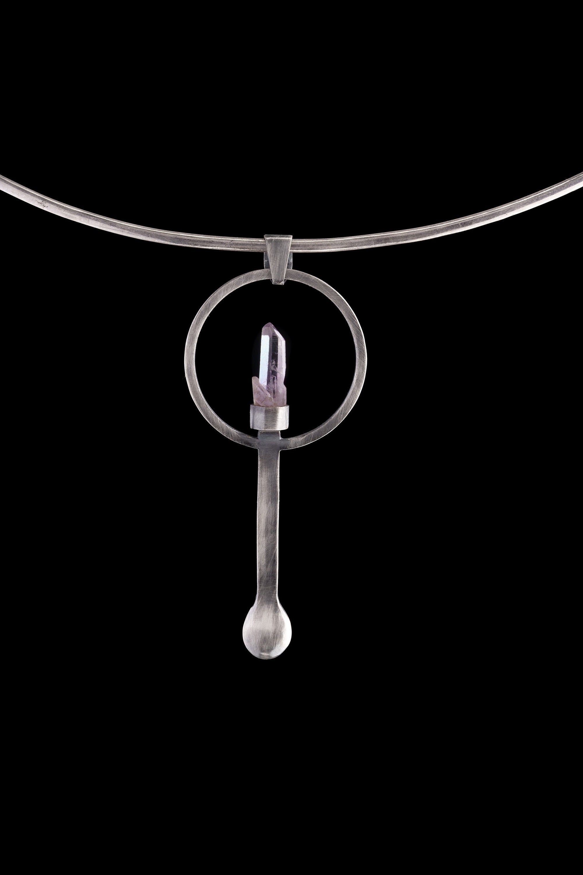 Double Terminated Vera Cruz Amethyst sterling silver spoon pendant shown on a choker with brush-textured silver and lilac crystal.