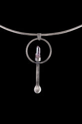 Double Terminated Vera Cruz Amethyst sterling silver spoon pendant shown on a choker with brush-textured silver and lilac crystal.
