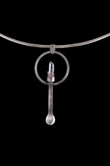 Double Terminated Vera Cruz Amethyst sterling silver spoon pendant shown on a choker with brush-textured silver and lilac crystal.