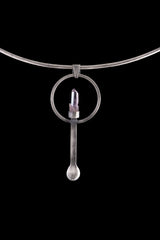 Double Terminated Vera Cruz Amethyst sterling silver spoon pendant shown on a choker with brush-textured silver and lilac crystal.