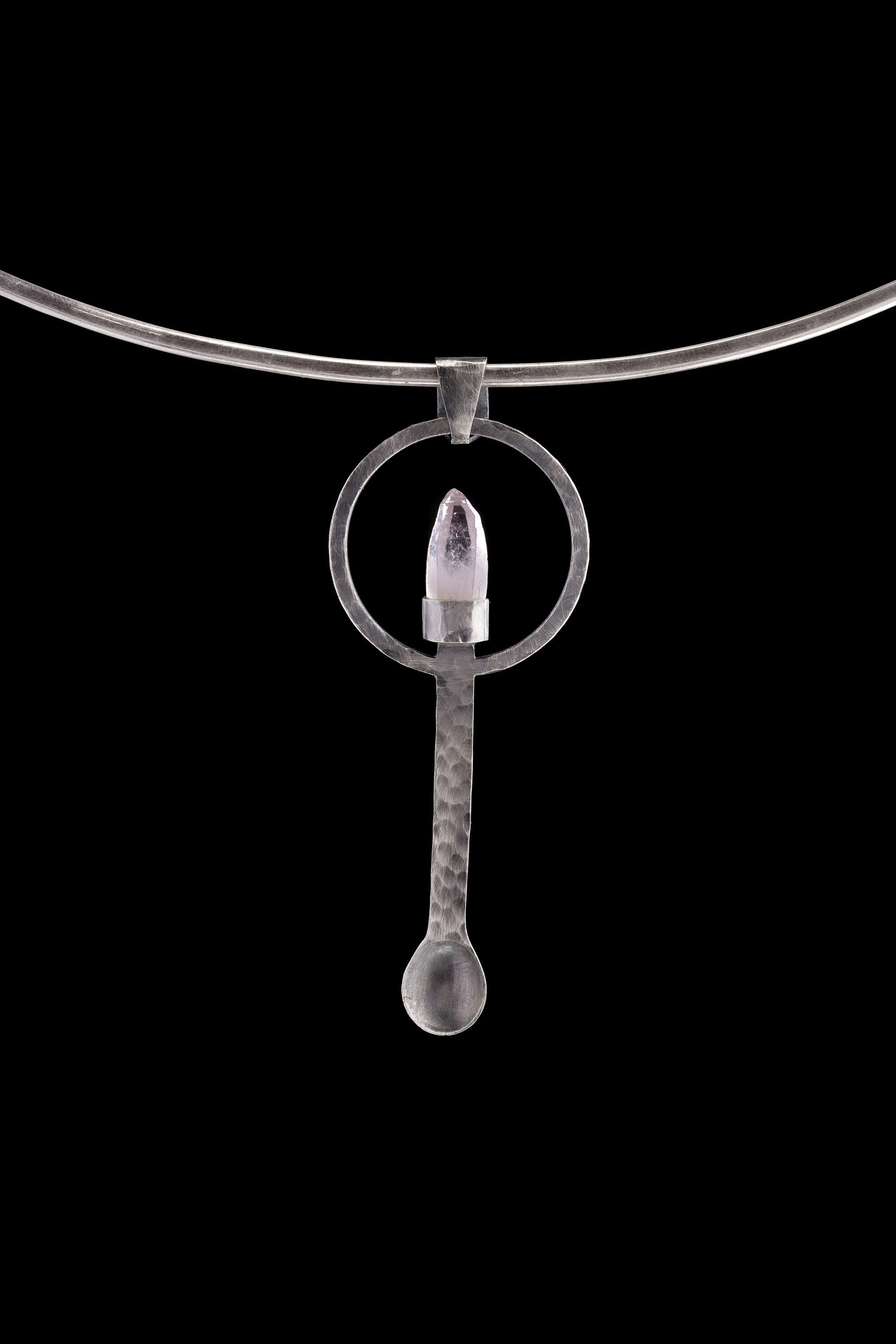 Vera Cruz Lemurian Quartz sterling silver ritual spoon shown on a choker with brush-textured silver and clear crystal point.