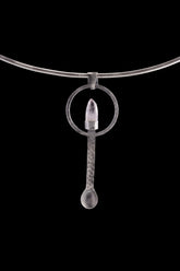 Vera Cruz Lemurian Quartz sterling silver ritual spoon shown on a choker with brush-textured silver and clear crystal point.