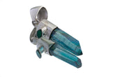Aqua Aura Quartz Emerald sterling silver pendant shown on white background with blue crystal point and green eye-shaped stone.