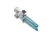 Aqua Aura Quartz and raw Amethyst pendant in high-shine sterling silver, shown on white with double crystal point design.