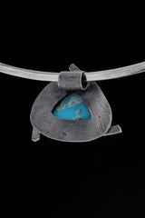 Sleeping Beauty Turquoise Triangle Pendant 925 Sterling Silver Oxidized Sun Ray Throat Chakra Gift