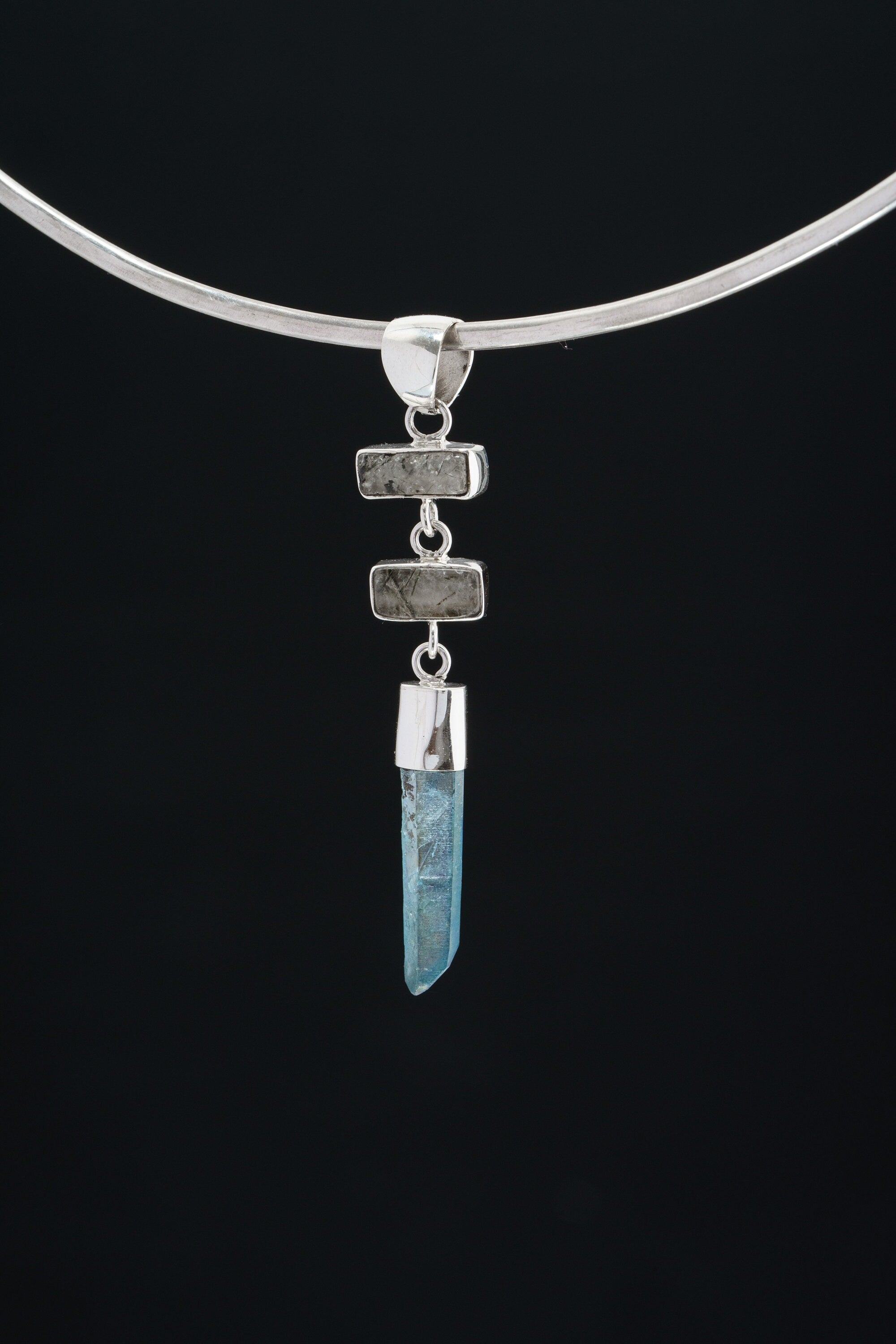 Black Rutile Quartz & Aqua Aura Sterling Silver Pendant: Scorpio Zodiac