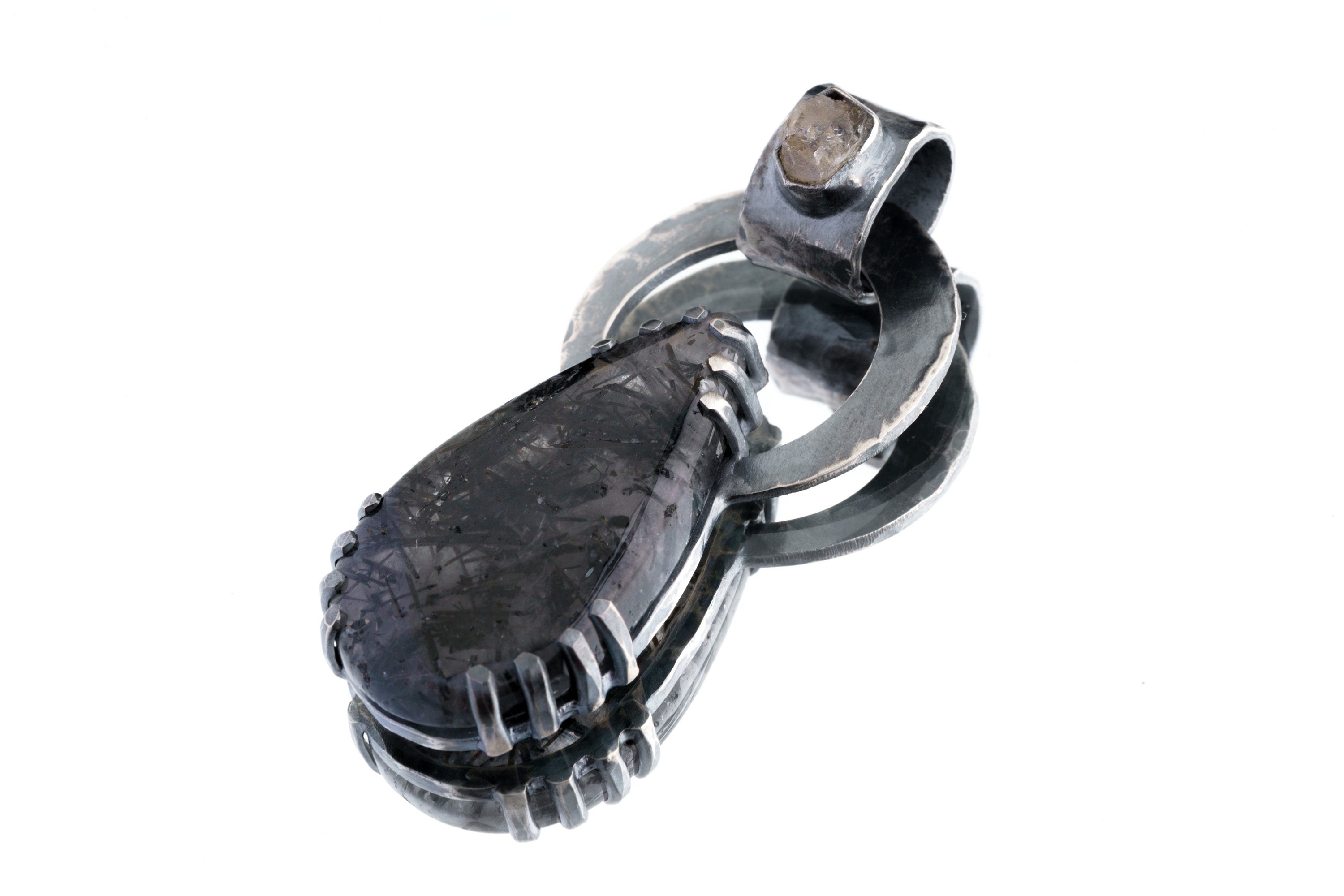Moonlit Rutilated Heirloom Pendant with raw Moonstone and Black Rutile Quartz in oxidized sterling silver.