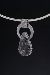 Black Rutile Quartz and Raw Moonstone - Oxidised Hammered Sterling Silver - Claw Set Pendant