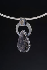 Black Rutile Quartz and Raw Moonstone - Oxidised Hammered Sterling Silver - Claw Set Pendant