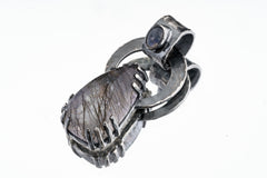 Blue Moonstone Black Rutile Quartz Pendant 925 Silver Oxidized Claw Set Third Eye Crown Chakra Gift