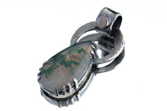 Moss Agate & Blue Moonstone - Oxidised Hammered Sterling Silver - Claw Set Pendant