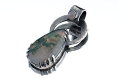 Moss Agate & Blue Moonstone - Oxidised Hammered Sterling Silver - Claw Set Pendant