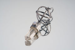 Himalayan Lemurian Quartz Moonstone pendant in oxidized 925 sterling silver, shown with long crystal point and open sphere design.