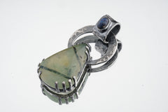 Peridot with Black Rutile & Blue Moonstone - Oxidised Hammered Sterling Silver - Claw Set Pendant