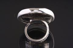 Back view of Ruby Mica Quartz Matrix adjustable ring showing open band and cut-out sterling silver support plate.